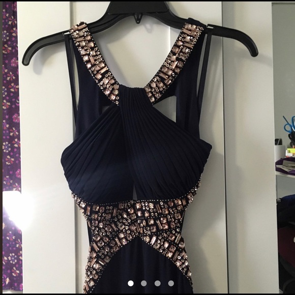 Navy Blue Encrusted Halter Open Back Cut Out Dress | size 0 - Picture 2 of 4